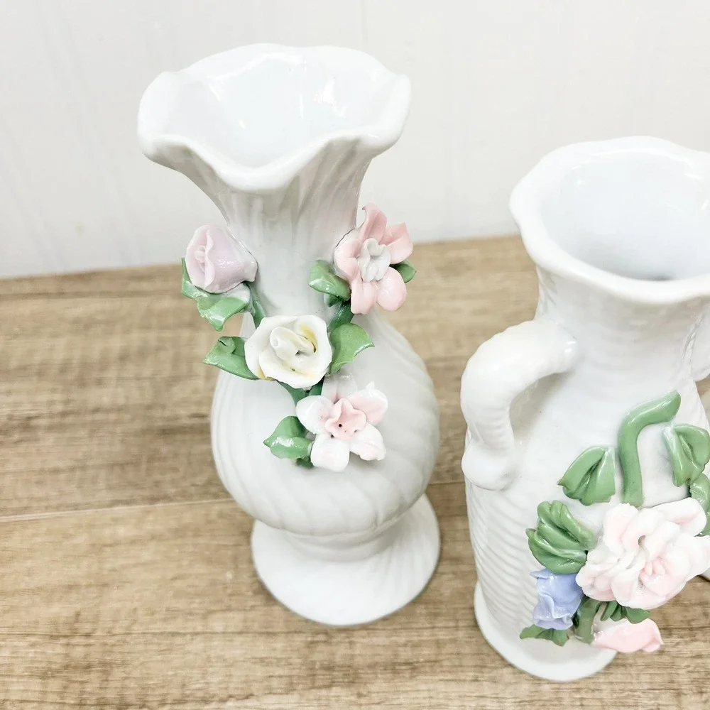 Vintage White Porcelain Miniature Bud Vases Set of 3 Applied 3D Floral Accents